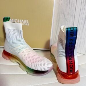 Michael Kors White Knit Slip-On Sneakers with Rainbow Heel